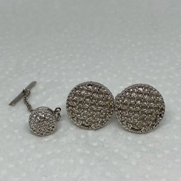 TEXTURED round cufflinks set silver toned classic - Picture 1 of 6